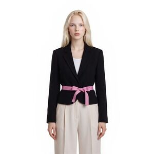 Vintage Harold's Boucle Blazer Women's Size 12 Black Pink Ribbon Belt Wool Blend